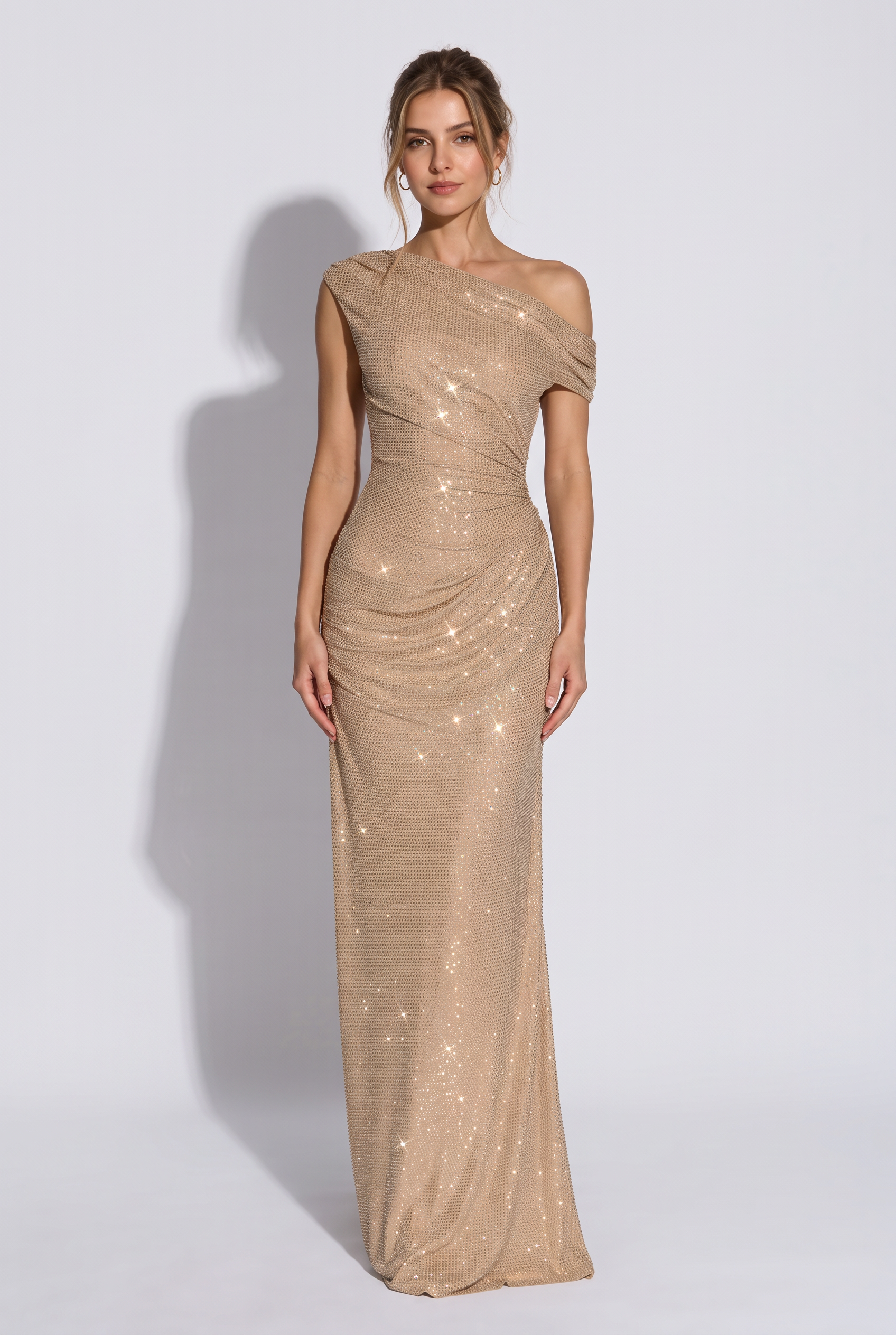 Vanessa Rhinestones Gold Maxi Dress